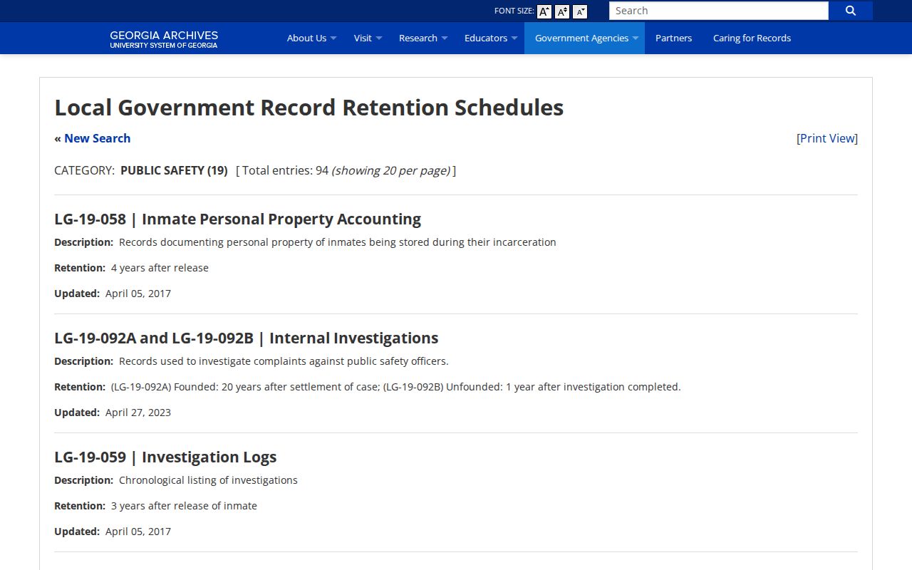 Colquitt County jail booking records retention schedule from Georgia Archives