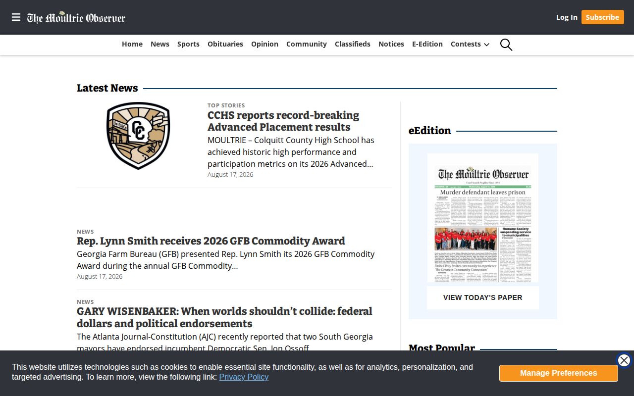 Moultrie Observer News section for Colquitt County crime coverage