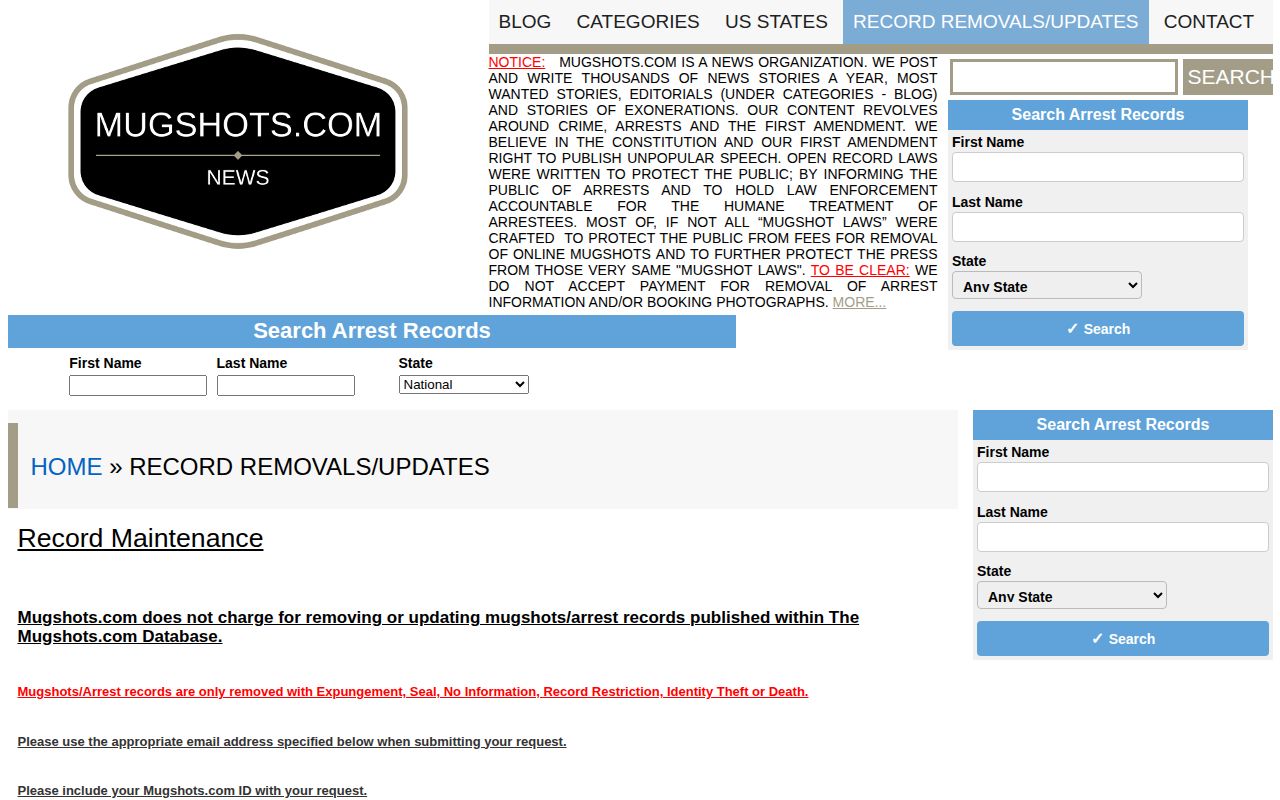 Mugshots.com record maintenance page used as a policy reference for a historical Colquitt County archive