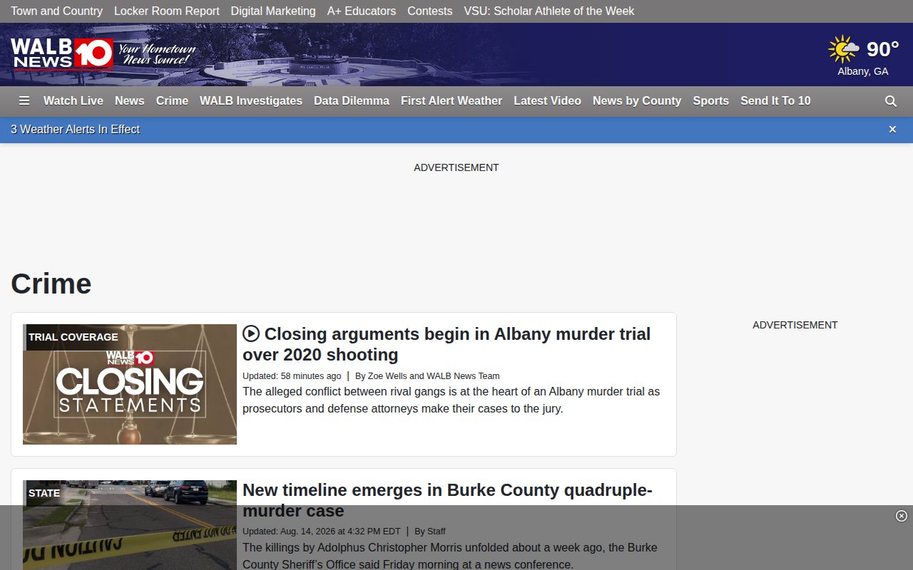WALB Crime section showing regional coverage relevant to Colquitt County