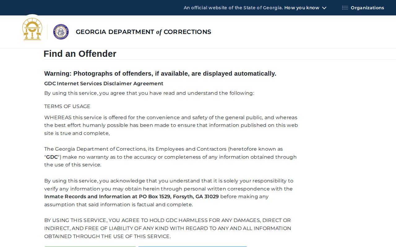 Colquitt County case context in the Georgia Department of Corrections offender search for state custody records