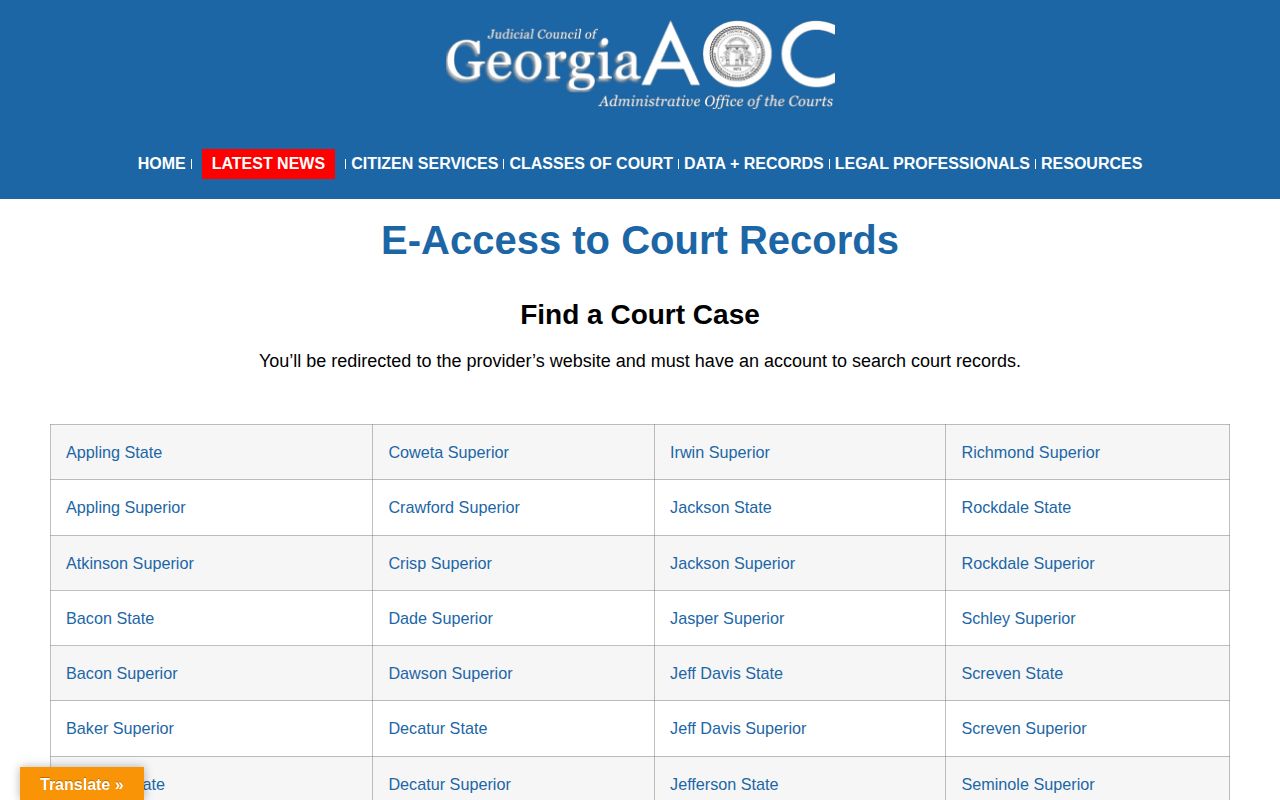 Georgia Courts E-Access gateway for Colquitt State and Superior Court records