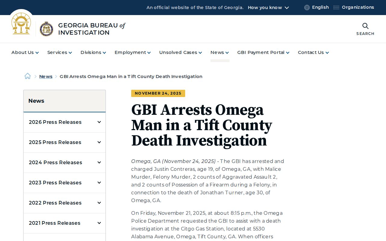 Official Omega, Colquitt County and Tift County split-county booking record context from the GBI release